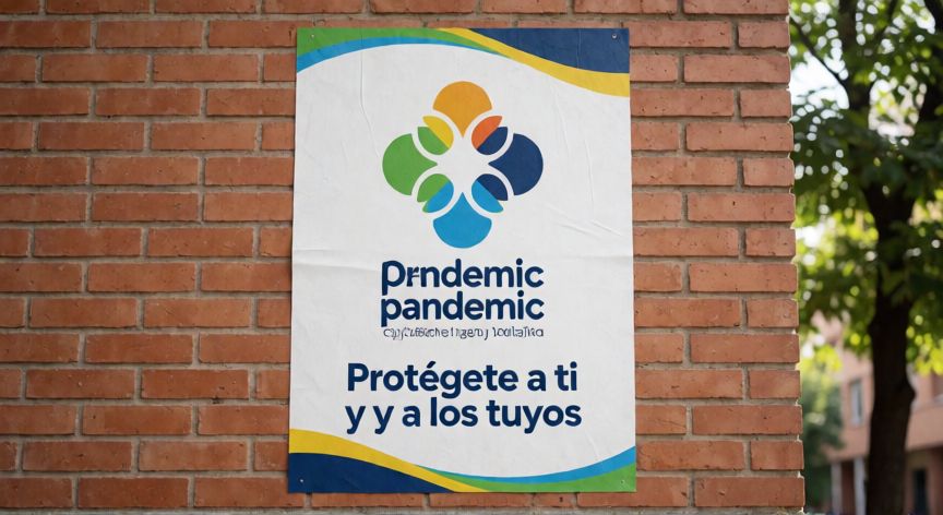covid 19 logo, Cartel publicitario de salud pública con el logo de la pandemia en una pared