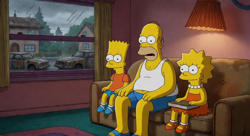 covid 19 los simpson, Escena de Los Simpson en el episodio sobre la pandemia, con Homer y Lisa preocupados en el sofá