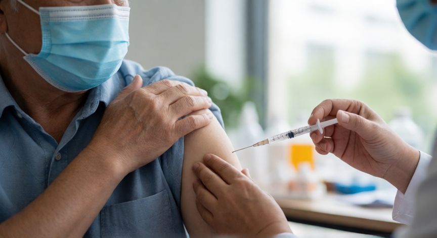 covid 19 lp.8.1, Persona mayor recibiendo una vacuna contra la COVID-19 en un centro médico