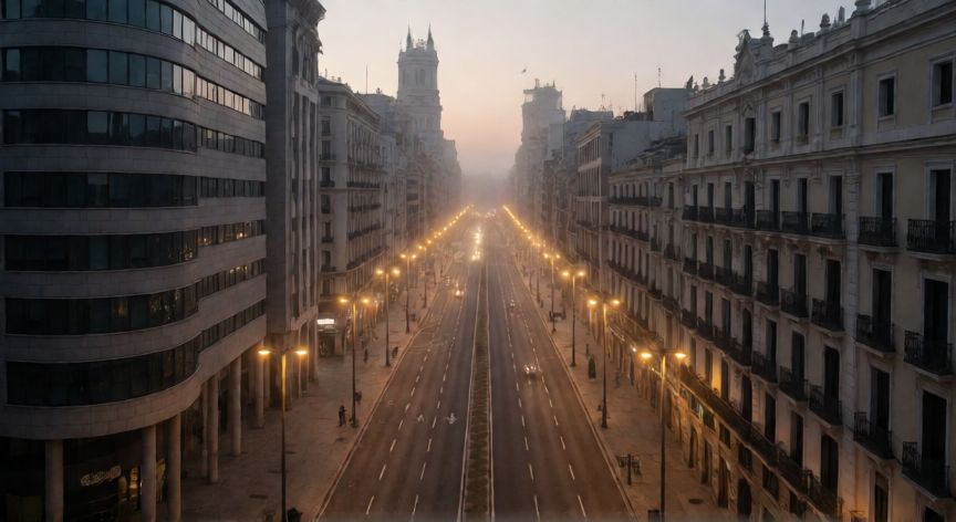 covid 19 madrid, Vista aérea de la calle Gran Vía en Madrid durante el confinamiento por coronavirus