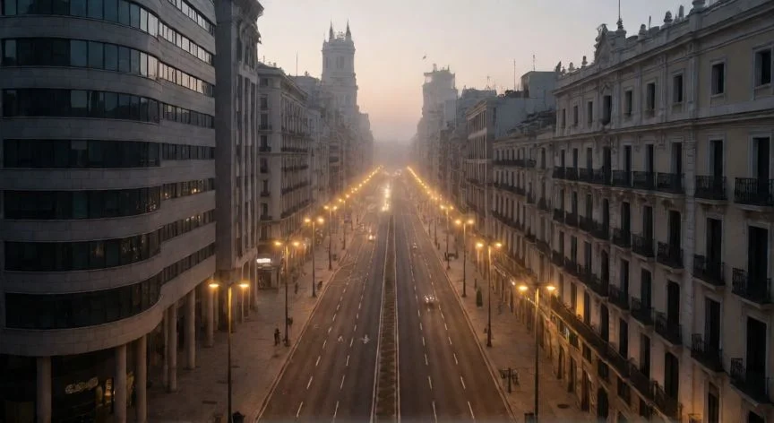 Vista aérea de la calle Gran Vía en Madrid durante el confinamiento por coronavirus