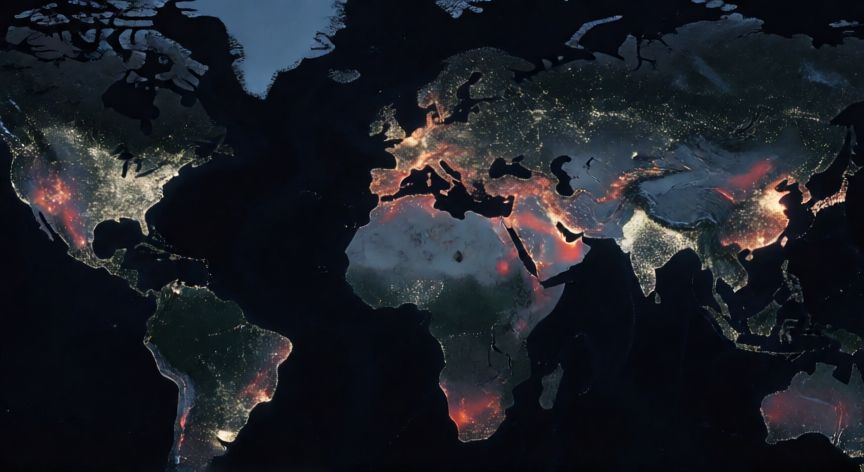 covid 19 mapa, Mapa mundial nocturno mostrando la expansión urbana y conexiones globales