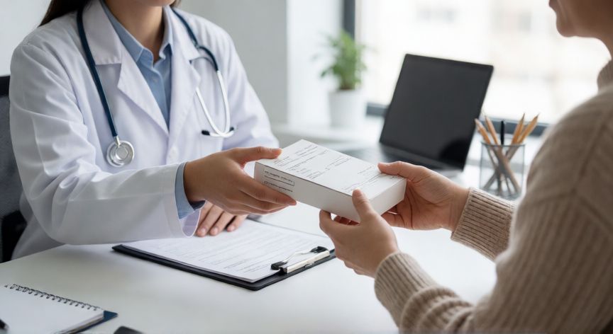 covid 19 medicamentos, Médico entregando medicación antiviral para Covid-19 en una clínica moderna