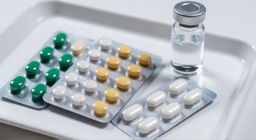 covid 19 medicamentos, Packs de pastillas antivirales y medicamento intravenoso en bandeja médica