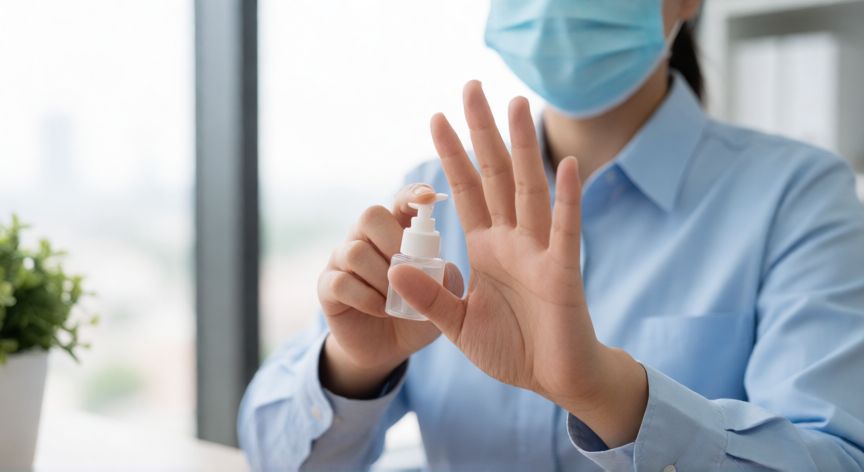 covid 19 medidas de prevencion, Persona usando mascarilla y gel hidroalcohólico en oficina para prevenir coronavirus