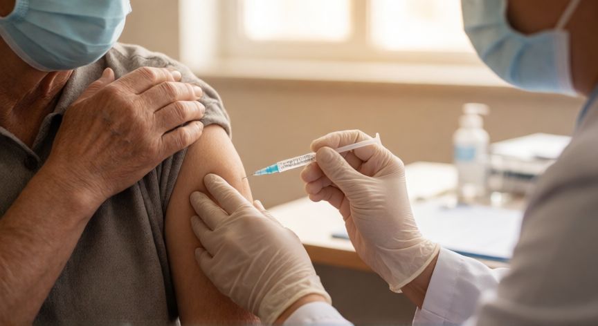 covid 19 medidas de prevencion, Médico administrando vacuna de refuerzo contra la gripe y el coronavirus a un paciente mayor