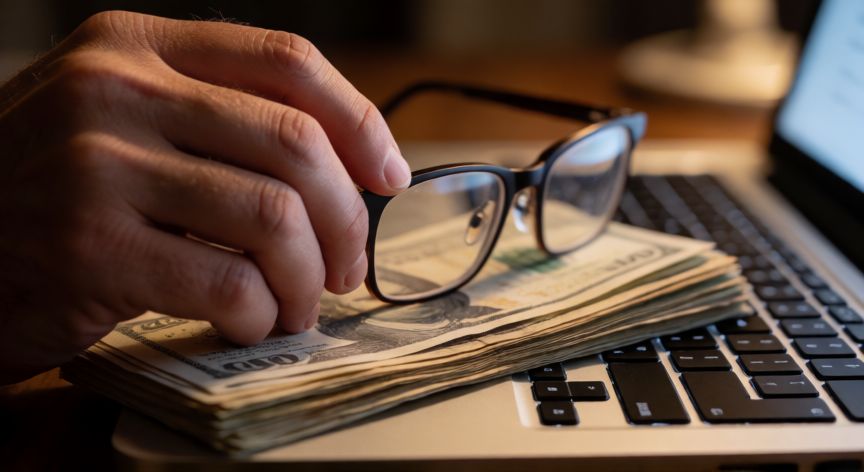 covid 19 memes, Manos sosteniendo gafas sobre facturas y teclado de portátil en una mesa desordenada