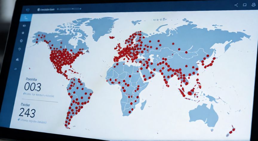 covid 19 muertos en todo el mundo, Mapa mundial con estadísticas de salud pública y puntos rojos indicativos