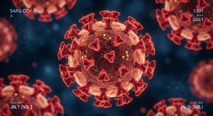 covid 19 nb1 8.1, Vista microscópica de la variante NB.1 del coronavirus con proteínas espiga visibles