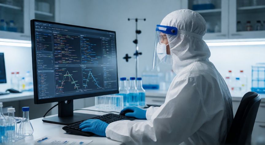 covid 19 nb1 8.1, Científico analizando datos genómicos de la variante NB.1 en un laboratorio moderno
