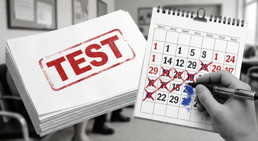 covid 19 negativo meme, Pila de papeles de test en blanco y calendario tachado simbolizando la burocracia sanitaria