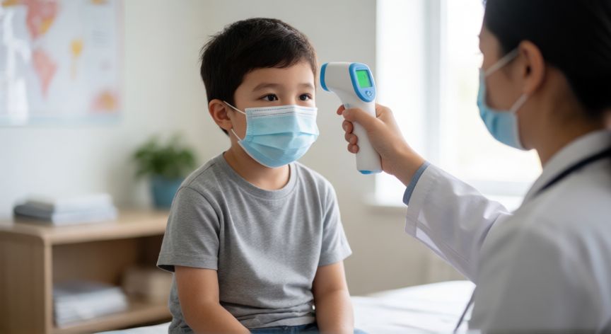 covid 19 niños, Niño en consulta médica con mascarilla siendo examinado por un pediatra