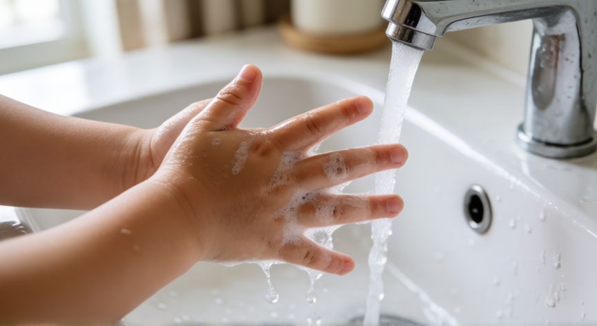 covid 19 niños, Manos de un niño lavándose con jabón bajo el grifo como medida de higiene