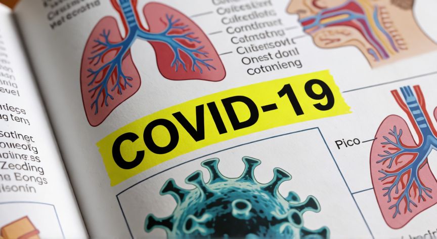 covid 19 nombre completo, Página de libro médico con información sobre la COVID-19 y diagramas anatómicos