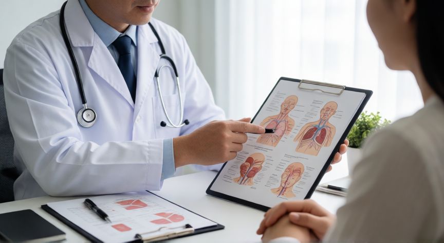 covid 19 o coronavirus, Médico explicando información sobre la enfermedad COVID-19 en una clínica