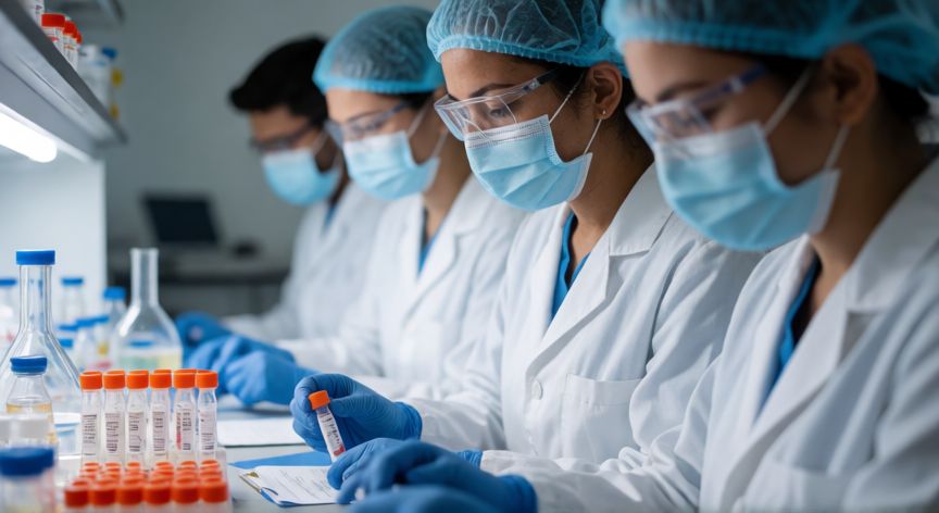 covid 19 oms, Equipo médico y científicos trabajando en un laboratorio de investigación biomédica