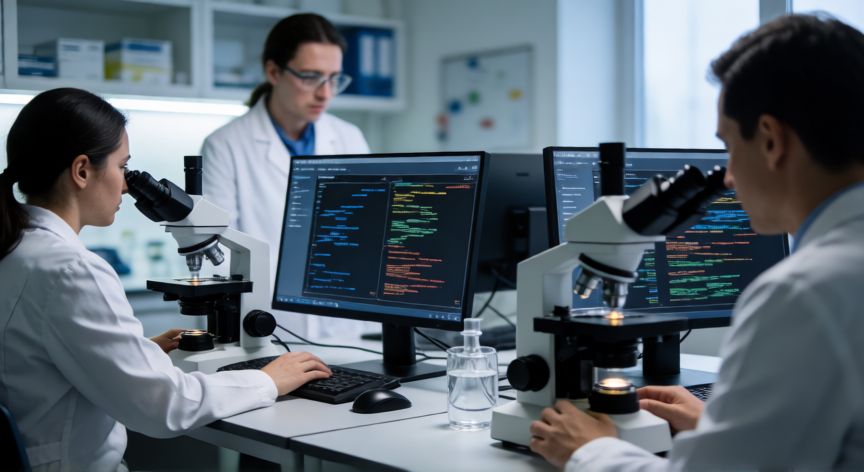 covid 19 ops, Científicos en un laboratorio de salud pública analizando datos genómicos para vigilancia epidemiológica