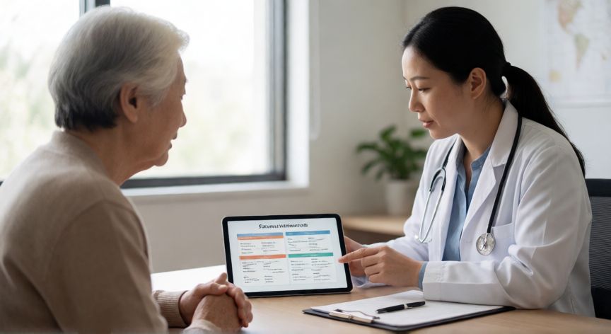 covid 19 ops, Médico explicando la importancia de la vacunación estacional a un paciente mayor en una clínica moderna