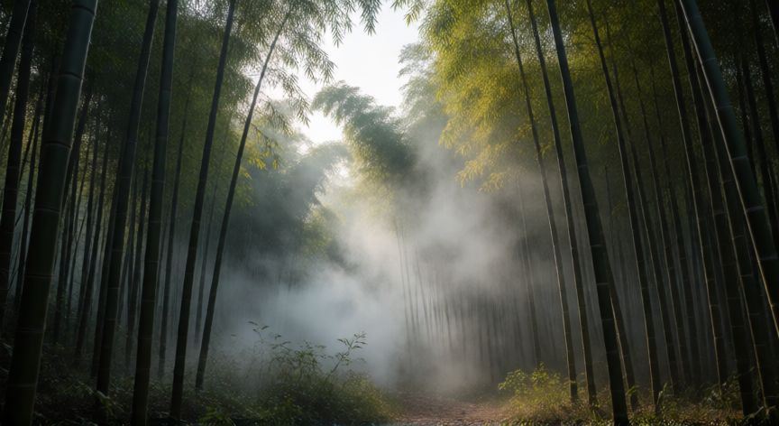 covid 19 origen, Bosque de bambú con niebla representando el hábitat natural de posibles portadores