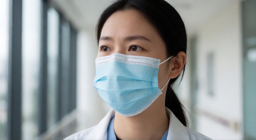 covid 19 otra vez, Persona con mascarilla en un pasillo de hospital reflexionando sobre su salud