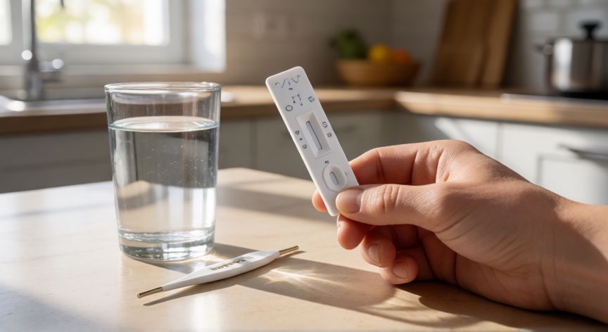 covid 19 otra vez, Test de antígenos y termómetro sobre una mesa de cocina en un hogar