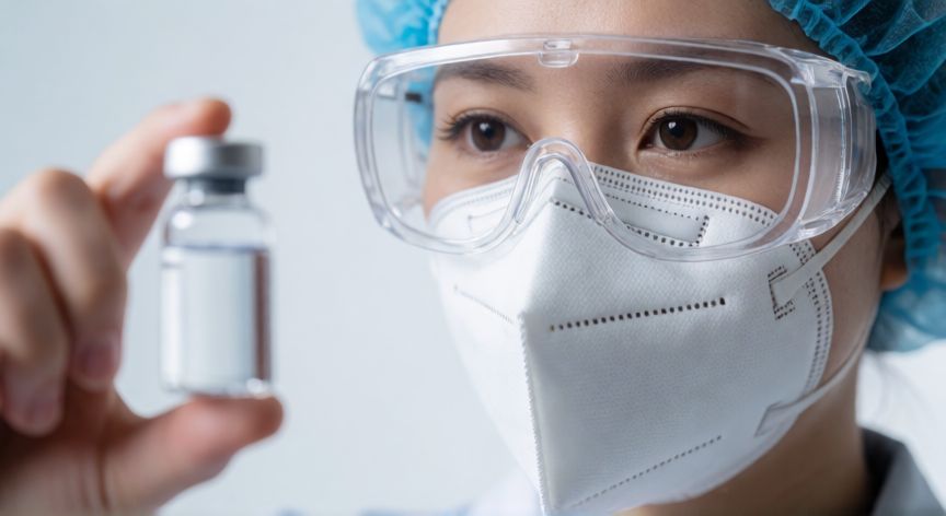 covid 19 pandemic, Profesional de la salud revisando una vacuna COVID-19 en un entorno clínico