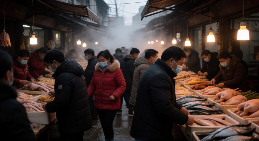 covid 19 paziente 0, Mercado húmedo tradicional en Wuhan concurrido y con bruma