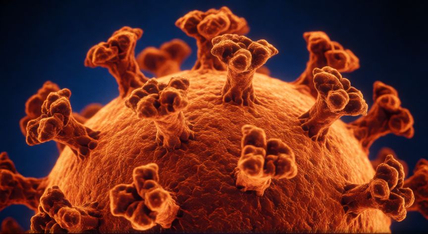 covid 19 paziente 0, Vista microscópica detallada de una partícula del virus SARS-CoV-2