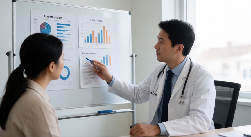 covid 19 persistente, Médico consultando a un paciente sobre el diagnóstico de poscovid en una clínica