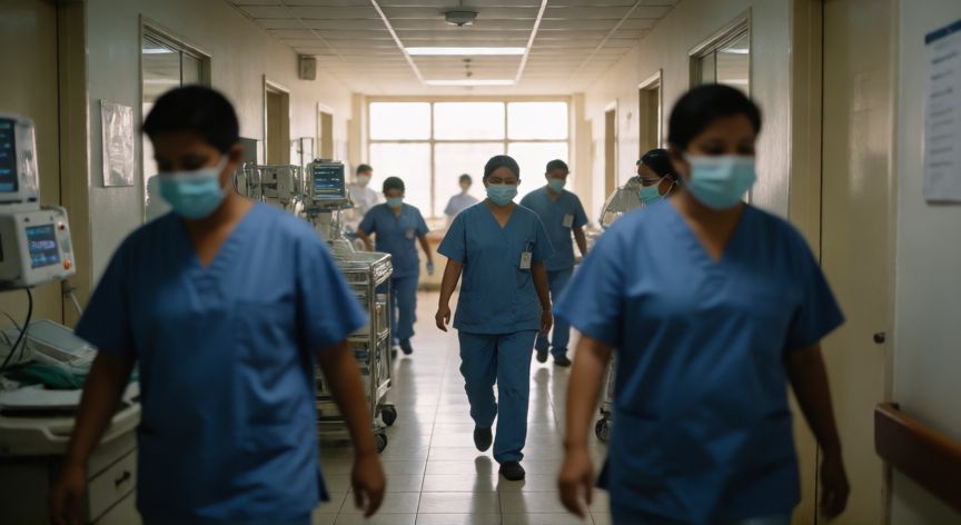 covid 19 peru, Personal médico en un pasillo de hospital durante la pandemia en Perú