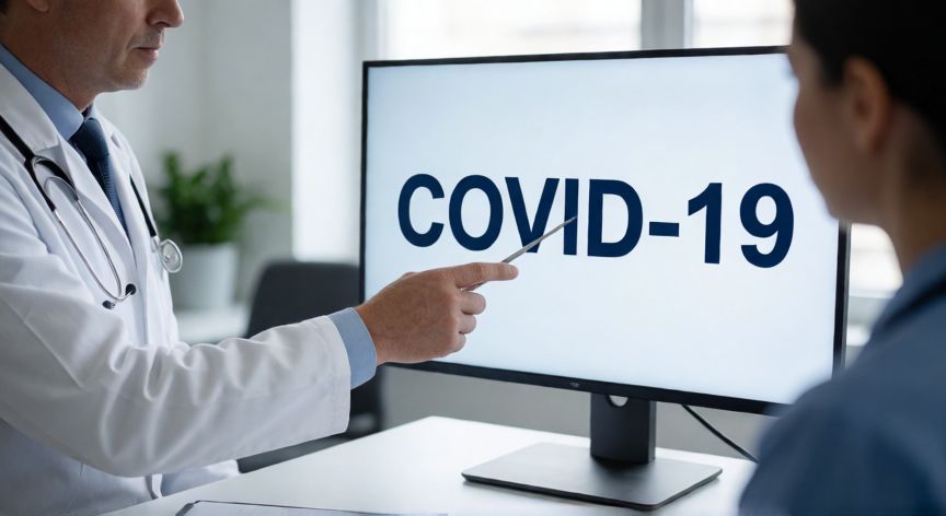 covid 19 porque 19, Médico explicando la nomenclatura COVID-19 en una pantalla digital