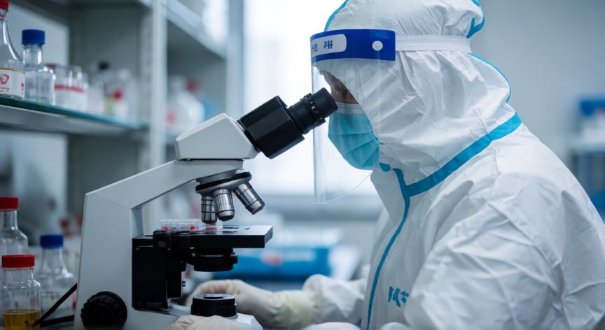 covid 19 que año inicio, Científico en laboratorio de Wuhan analizando muestras médicas durante el inicio del brote
