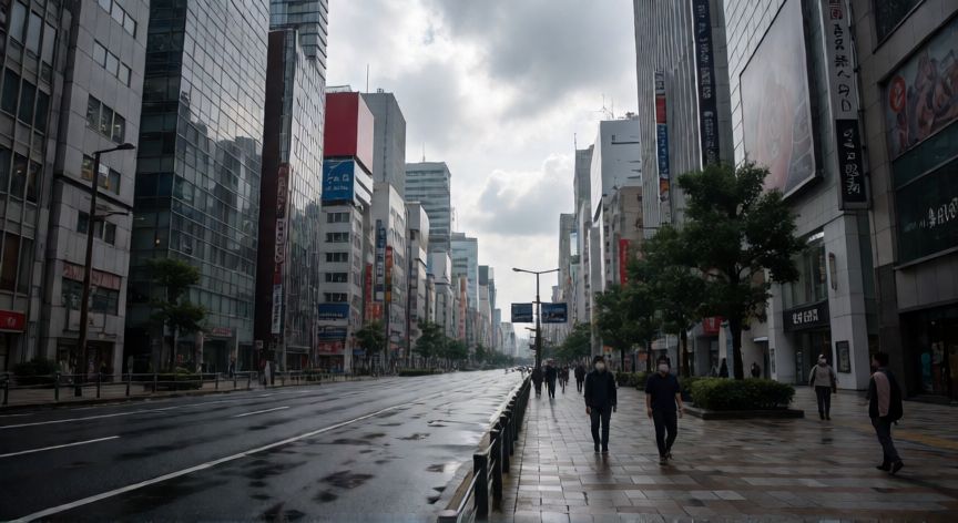 covid 19 que año inicio, Calle vacía en una ciudad asiática con peatones usando mascarillas durante la expansión de la pandemia