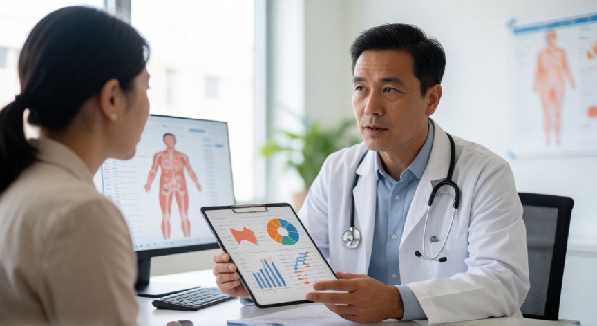 covid 19 que es, Médico consultando a un paciente sobre información sanitaria y prevención de enfermedades