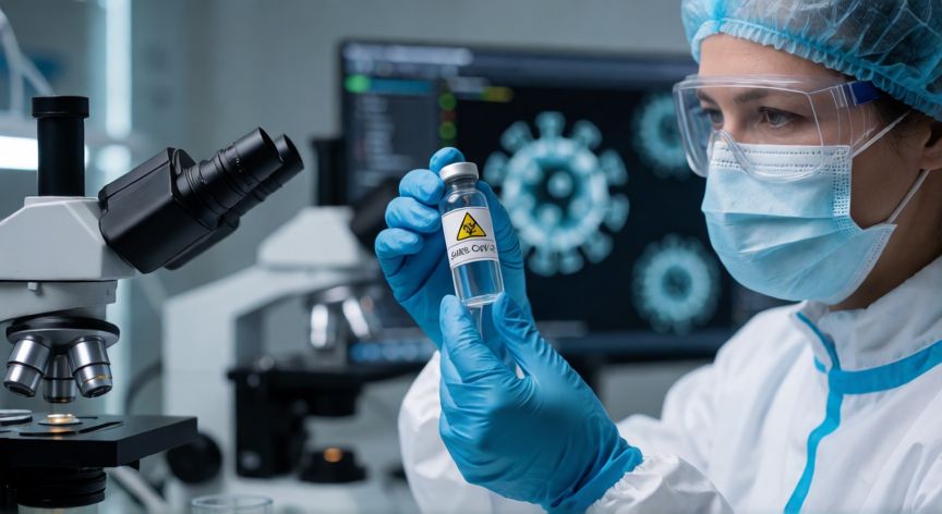 covid 19 que fue, Científico analizando muestra de SARS-CoV-2 en laboratorio médico
