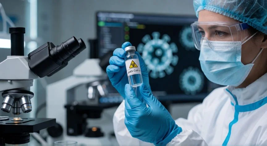 Científico analizando muestra de SARS-CoV-2 en laboratorio médico