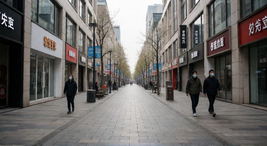 covid 19 que fue, Calle desierta en ciudad con peatones usando mascarillas durante la pandemia