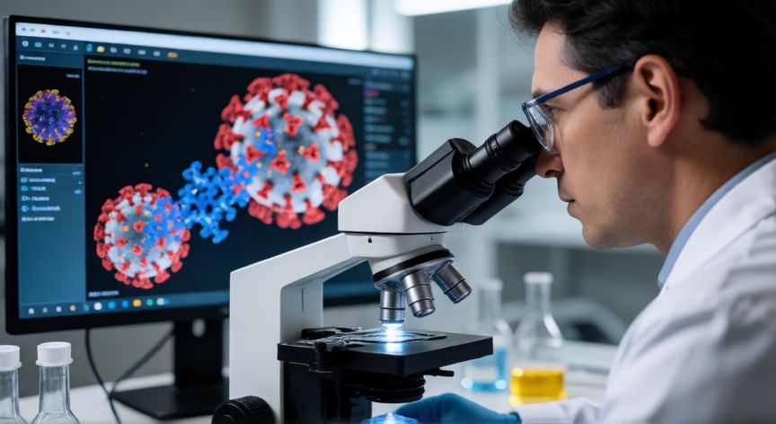 covid 19 que tipo de virus es, Científico analizando el mecanismo de infección del coronavirus en un laboratorio