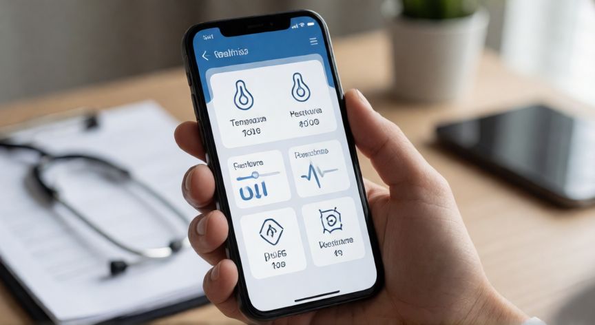 covid 19 queretaro, Mano sosteniendo un teléfono móvil con interfaz de salud médica