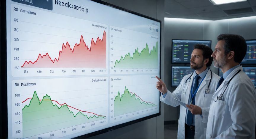 covid 19 r0, Pantalla con gráficos de evolución del R0 y Rt en un centro de salud