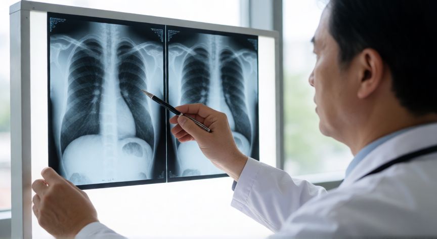 covid 19 radiografia, Médico analizando radiografías de tórax comparativas en un entorno clínico