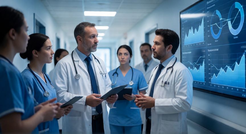 covid 19 regresa, Equipo médico analizando datos epidemiológicos del COVID-19 en un hospital moderno