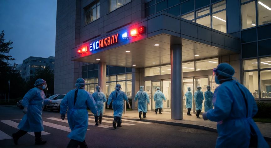 covid 19 resultados, Personal sanitario en el exterior de un hospital durante la crisis sanitaria