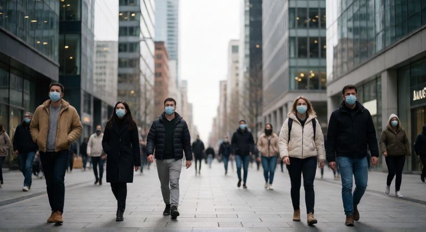 covid 19 resumen, Ciudadanos usando mascarillas y manteniendo distancia social en una calle urbana durante la pandemia de COVID-19
