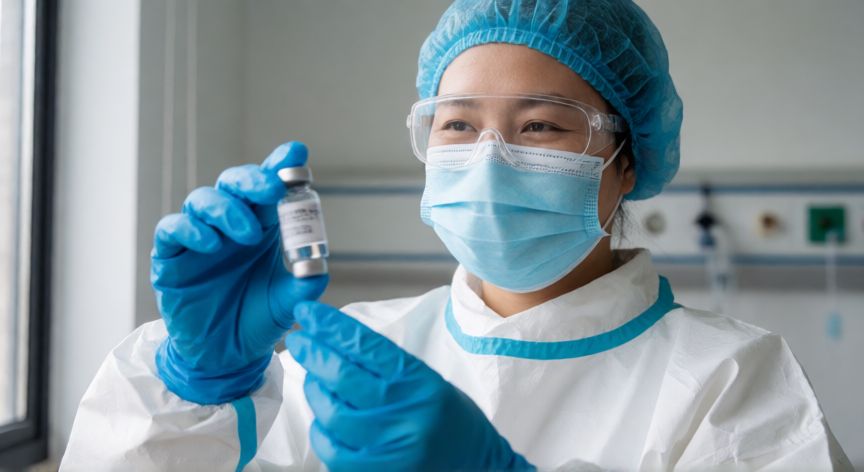 covid 19 resumen, Profesional de la salud con equipo de protección individual sosteniendo una vacuna en un entorno clínico