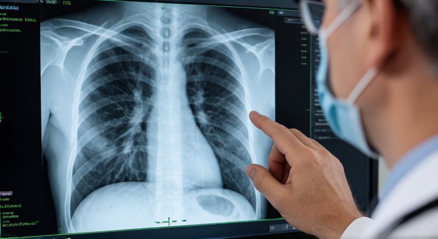 covid 19 rx, Médico analizando una radiografía pulmonar en pantalla de diagnóstico médico