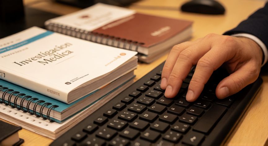 covid 19 scielo, Manos escribiendo en un teclado junto a revistas médicas de investigación sobre la pandemia