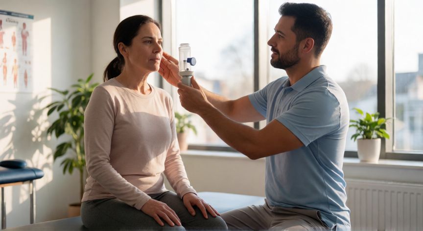 covid 19 secuelas, Mujer en sesión de rehabilitación pulmonar post-Covid con fisioterapeuta