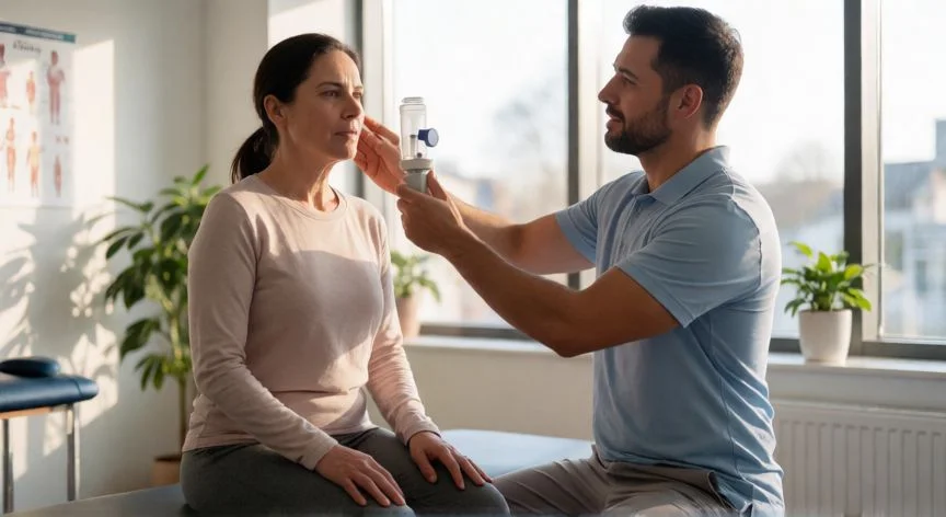 Mujer en sesión de rehabilitación pulmonar post-Covid con fisioterapeuta