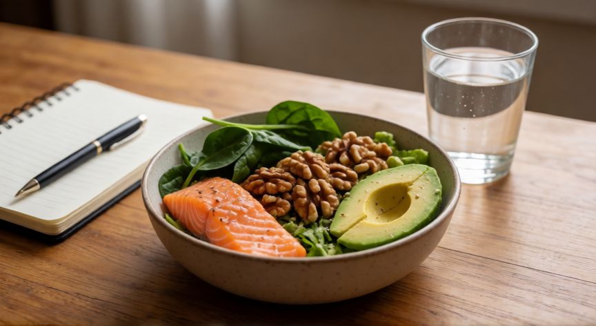 covid 19 secuelas, Plato saludable con omega-3 y antioxidantes para la recuperación post-Covid